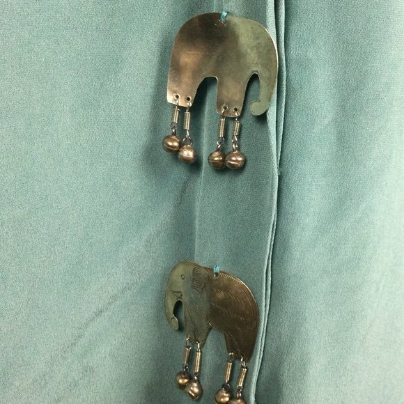 Teal Silk Button Top w/ Silver Elephant Bell Decor Front - Picture 3 of 9